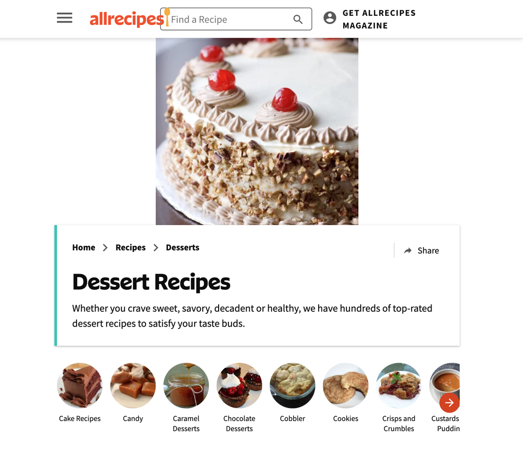desserts menu showing with no breadcrumb link