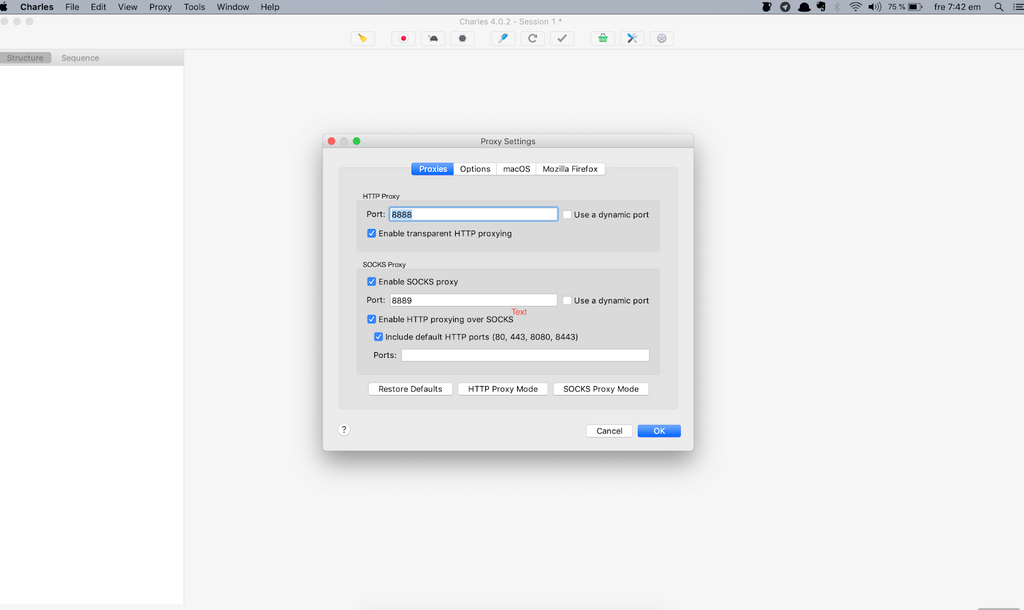 Screenshot of Proxy Settings screen on Charles Proxy