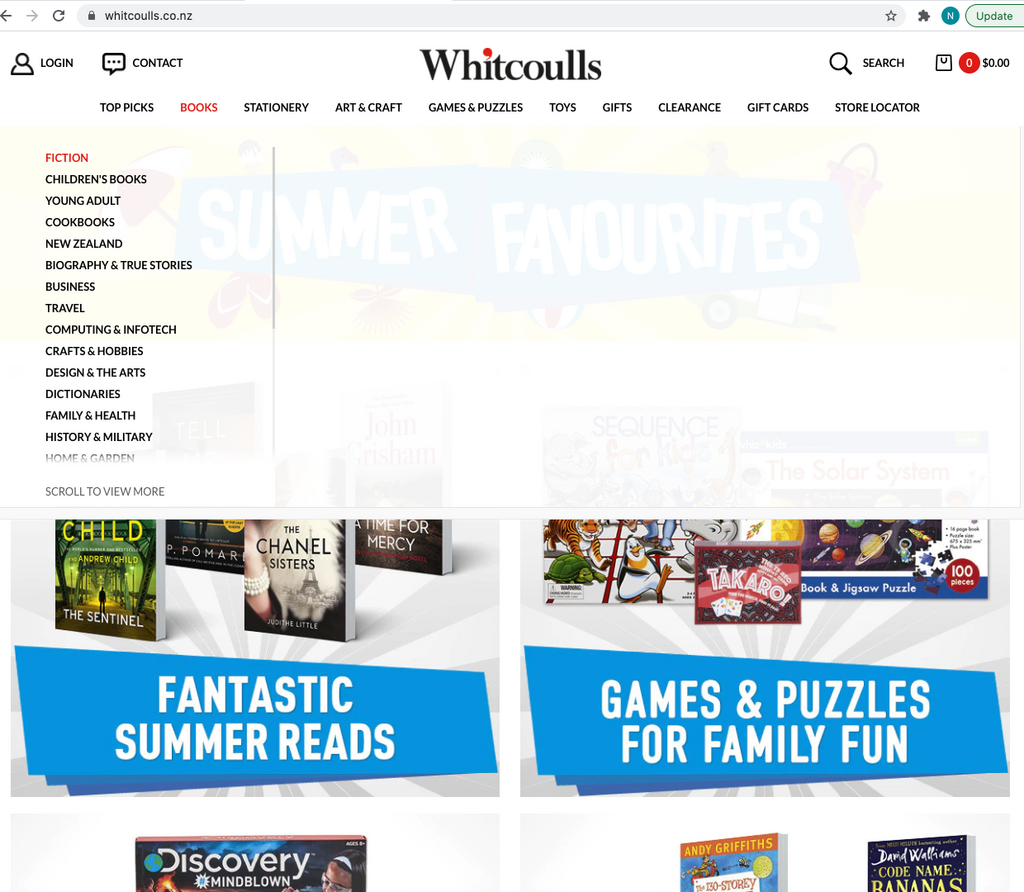 Whitcoulls books menu expanded