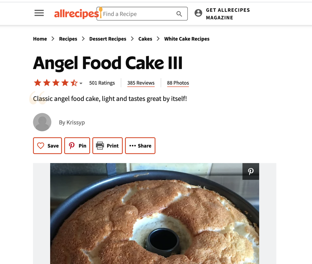 Angel food cake recipe display with breadcrumb link showing