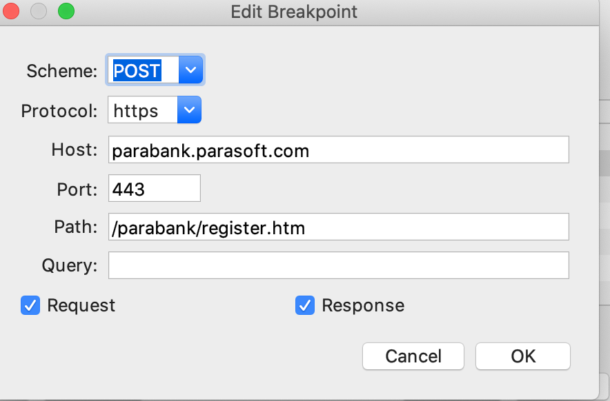 Edit Breakpoint screen on charles proxy