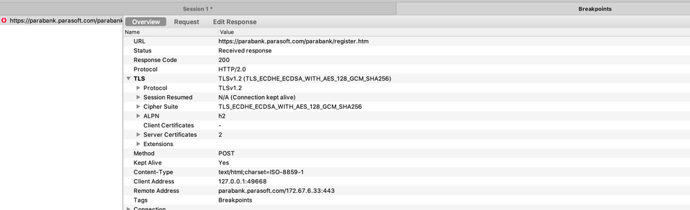 Initial response screen once breakpoint is triggered