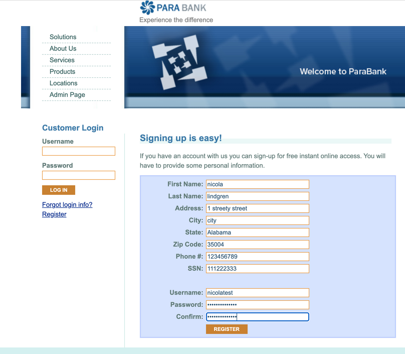 Registration screen on test app Parabamk