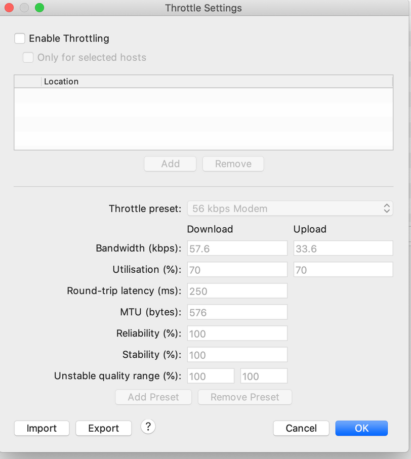 Throttling settings screen on Charles Proxy